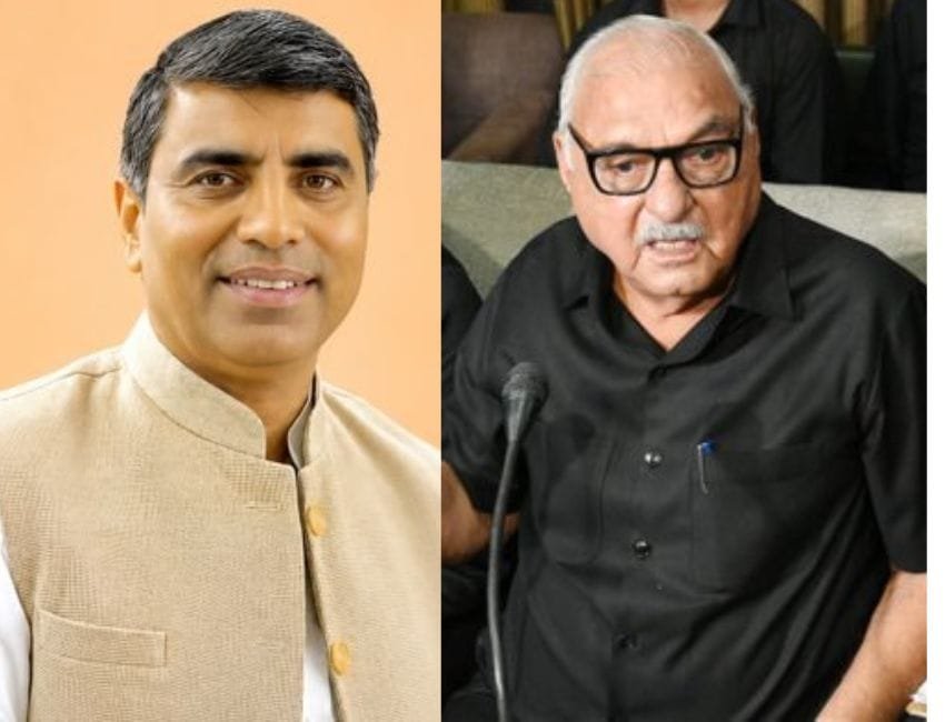 हरियाणा के कैबिनेट मंत्री महिपाल ढांडा की फाइल फोटो और दाएं- पत्रकारों से बात करते पूर्व सीएम भूपेंद्र सिंह हुड्डा। (फोटो सौजन्‍य सोशल मीडिया)