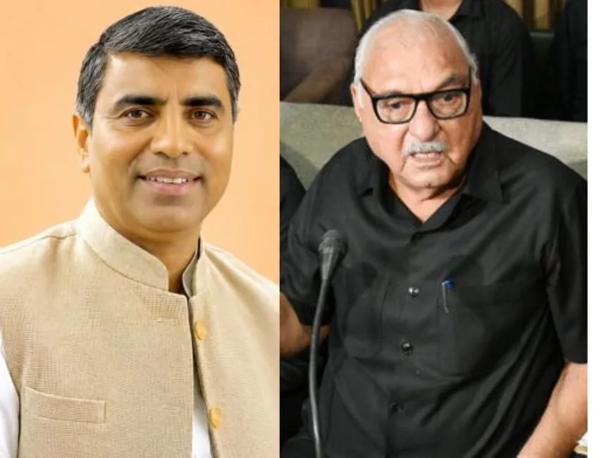 हरियाणा के कैबिनेट मंत्री महिपाल ढांडा की फाइल फोटो और दाएं- पत्रकारों से बात करते पूर्व सीएम भूपेंद्र सिंह हुड्डा। (फोटो सौजन्य सोशल मीडिया)